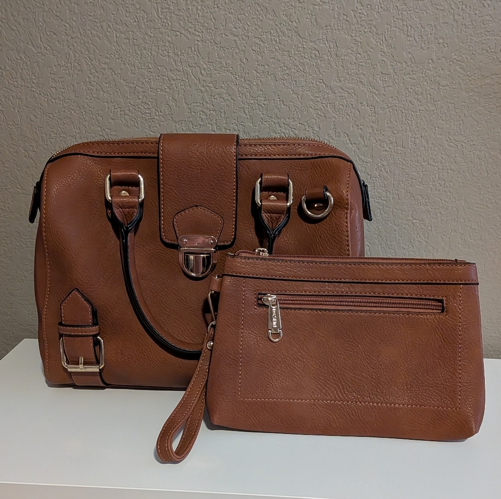 Dasein Vegan Leather Brown Leather Handbag and Wristlet Set